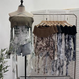 Shot Shoulder Cross Hanging Neck Knitting Mesh Yarn Coat Irregular Ribbon Horn Long-Sleeved T-Shirt