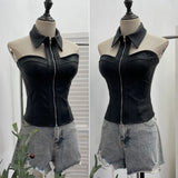 Shot With Chest Pad Hanging Neck Sling Vest Babes Design Pu Skin Tight Short Sleeveless Top Woman
