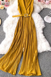 Notched Collar Draped Rompers For Women Casual Sleeveless High Waist Wide Leg Playsuits Female Beige/Green Jumpsuit
