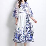 Retro Cross-Lace With Waist V-Neck Yarn Lantern Sleeves Thin Temperament Print