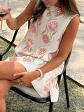 Women's 2025 Summer New Casual Pink Flower Round-Neck Sleeveless Vest