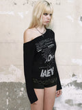 Dark Letter Print Slanted Shoulder Loose Short-Sleeved T-Shirt Millennium Hottie Street Sexy Backhide Hop