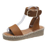 And Summer New Belt Buckle One-Word Slope Sandals Women's Flat Bottom Car Sewing Empty Dew Roman