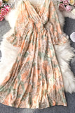 Autumn Women Floral Long Dress Vintage V-Neck Flare Sleeve Backless High Waist A-Line Big Swing Maxi Vestidos New