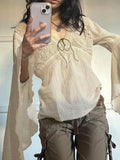 Cloth Forgets The Ancient Wild Folk Style V Tie With Horn Long-Sleeved Top Knitted