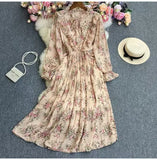 And Autumn Gentle Wind Korean Version Of Sweet Round Collar Lote Side To Receive Waist Thin A Word Broken Flower Chiffon Dress