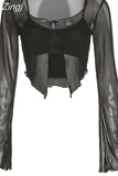 Women Autumn 2023 New Y2K Sweet Black Tops Two Pieces Sets Elastic Skinny Short Camisole&Slightly Transparent