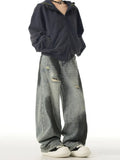 Zingj High Street Web Splash-Ink Broken Hole Jeans Men And Women Loose Deconstruction Versatile Straight Tube Wide Leg Long