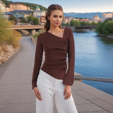 2025 Autumn New Temperament Folding Irregular Oblique Shoulder Design Long-Sleeved Knitted Top