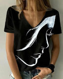 2023Fashion Women's Tops Abstract Portrait Painting T Shirt Loose Print V Neck Basic Tops Black / 3D Print Shirt