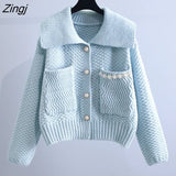 Sweet Lolita Pearl Knitted Sweater Women Peter Pan Collar Single Breasted Cardigan Autumn Preppy Style Loose