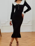 And Winter French Body-Repair Temperament Color Lotus Leaf-Side Sweater Dress Elegant Retro Knitted