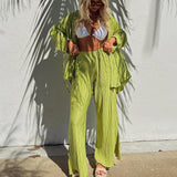 Women's 2025 Spring New Fashion Set Rolled Shirts Long Sleeves Open Pajamas Two-Sleeve