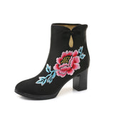 Zingj Boots Ankle Boots Embroidered Cloth Shoes Spring High Heels Velvet Canvas Thick Heel Plus Size Short Leg