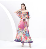 Wind Shoulder Lotus Leaf Side Bright Silk Print Dress Girl Spring Waist Temperament Big Chiffon Long
