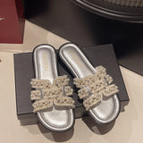Summer New Small Scented Pearl Slippers Women Wear Flat Bottom One-Word Drag Beach Cool Drag