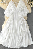 Women Pleated Chiffon Dress Sexy V-Neck Puff Sleeve High Waist Draped Vestidos Female Vacation Beach Midi Robe