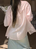 Pink Striped Sky Silk Shirt Women Sun Protection Tops Thin Temperament Gentle Comfortable Stripe Coat Women