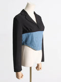 Zingj New Fashion Long-Sleeved Suit Jacket Splicing Jeans Waist To Show Thin After The Zipper Suit