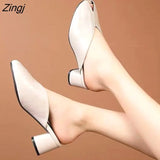 2023 Green Slip-on Slippers High Heeled Womens Mules Pumps Peep Toe Square Heel Autumn Casual Sandals Slipper