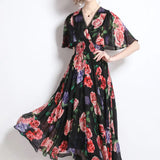 V-Neck Print Chiffon Dress Women's Waist Thin Temperament Lotus Leaf Side Short Sleeves To Close The First Love Fairy
