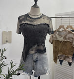Shooting Of The Edge Of The Denim Splicing Tie Dye Mesh Repair Irregular Two Short-Sleeved Top T-Shirt