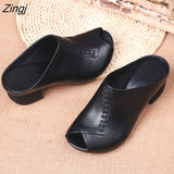 Soft Leather Outer Slippers Fish Mouth Comfortable Versatile Mid-heeled Women Sandals Women's Mother's Shoes