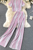 Striped 2pcs Set Women Summer Stand Collar Short Sleeve Tops + High Waist Pants Pleated Draped Suit Female