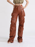 Australian Temperament High-Waisted Casual Leather Pants 2025 Summer New Fashion Design Style Interface Bag Loose Worker Pants