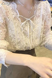 French Square Collar Apricot White Lace Blouse Autumn Casual Loose Tops Sweet Puff Long Sleeve Lace-up Shirt Blusas