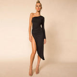 Zingj Women's Solid Color One Shoulder Long Sleeve Sexy Side Hollow Out Slit