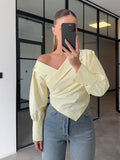 High-End Light Luxury Summer Solid-Colored Shoulder Collar Lantern Cuffs Waist Design Long-Sleeved