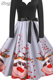 Women Christmas Dress Long Sleeve Vintage Elegant V Neck Print Big Swing Party Xmas New Year Winter Clothes S~3XL