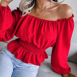 Wind Shooting Autumn And Winter New Sexy Word Collar Under The Shoulder Hem To The Leaves Of The Chiffon Shirt Women's