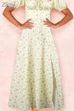 Women Floral Print Long Dress Summer Chic Short Sleeve Square Collar Split A Line Party Sundress Ladies Holiday Beach