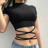 Zingj Color Short Crop Cross-Strap Short-Sleeved T-Shirt Women's Summer Versatile Tight Show Thin High Waist Careful Machine