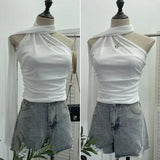 Shooting 2025 Spring New Mesh Hanging Neck Top Women With Asymmetric Sleeveless Vest Short Top