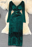 Winter Green/Black Velvet Long Dress Women Sexy V-Neck High Waist Bodycon Party Vestido Female Slim Maxi Robe New