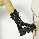 Autumn And Winter Women's Boots Black Patent Leather Boots Women's Belt Buckle Pine Cake Thick Bottom With Locomotive Boots Women's High