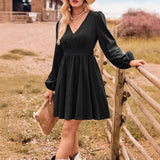 Fashion V-Collar Casual Women's Autumn And Winter New Solid Color Waist Long Sleeve Slim