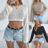 And Summer Solid Color Hollow Horn Sleeve Leisure Loose Knitted Shirt Holiday Umbilly Tops Women's