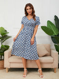 Floral Print Summer Dress Women V Neck Chiffon A Line Casual Beach Dress Vintage Elastic Waist Midi