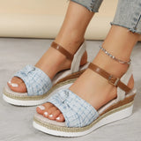 New Fish Mouth Bow Buckle Thick Bottom Slope Sandals Women's Large Size Hemp Rope Bottom Flat Bottom Women