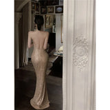 Zingj Shot Champagne Color Sparkling Sequins Swing Collar Gauze Small Dress Dress Heavy Industry Dinner Dress Engagement Dress