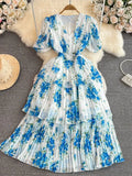 Women Floral Chiffon Draped Long Dress Vintage V-Neck Short Puff Sleeve High Waist Ruffle Pleated Vacation Beach Robe