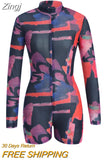 Fashion Multi Print Zip Up Workout Romper Plus Size Sexy Mesh Playsuit Long Sleeve Short Jumpsuit Women Party Club