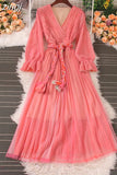 Autumn Women Mesh Pleated Long Dress Vintage Pink/Yellow/Brown V-Neck Flare Sleeve Draped Maxi Vestidos With Belt