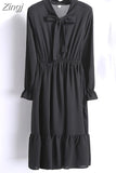 Women Dress Chiffon Elegant Vintage Bow Collar Long Sleeve Autumn Winter Midi Shirt Dresses 2023 Solid Slim Clothes