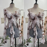 Irregular Kinking Of The Net Yarn Irregularly Kinked Lotus Lobe Slings Shoulder Horn Sleeve T-Shirt Short Top