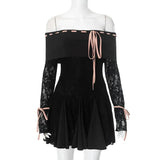 Black Off-Shoulder Lace Sleeve Mini Dress- Outfit